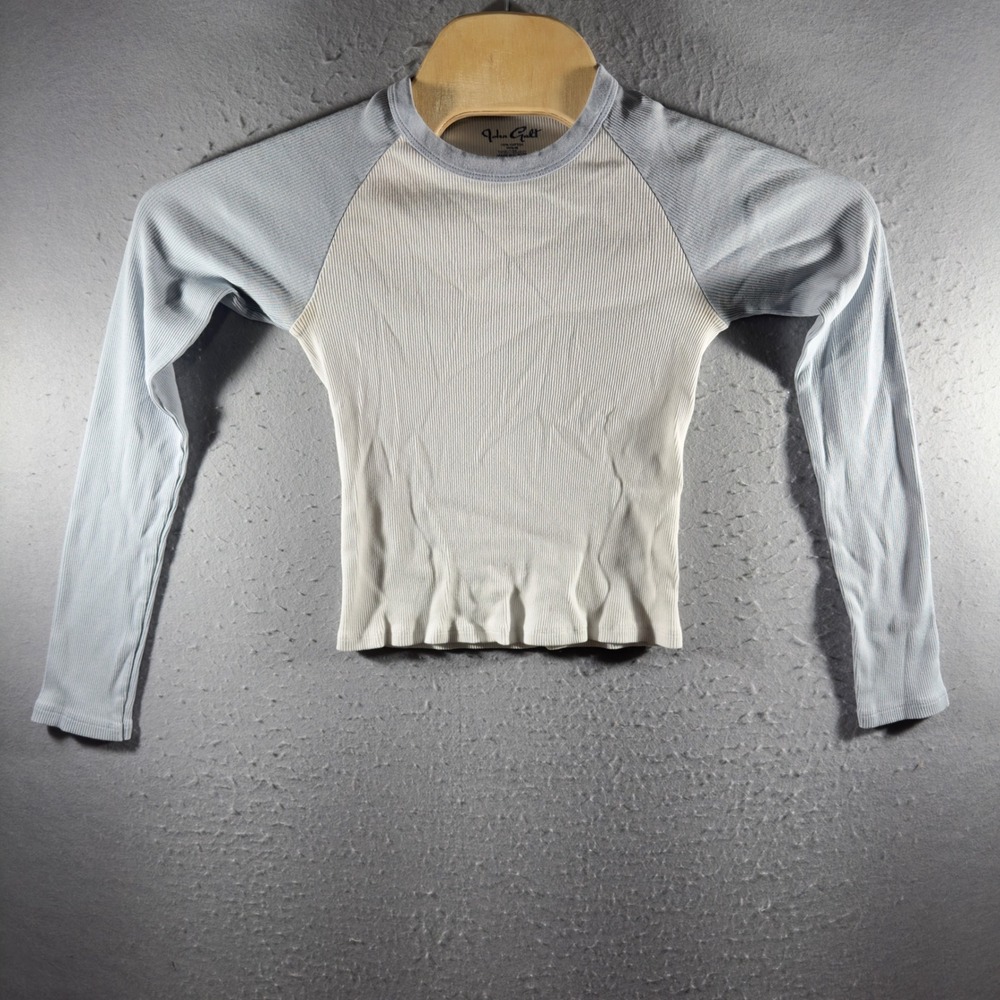 3216 | John Galt Ribbed Cropped Baseball Tee Blue Cream Long Sleeve One Size